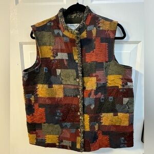 VTG Southwestern Embroidered Patchwork Tapestry Button Up Vest Boho Lined Cozy